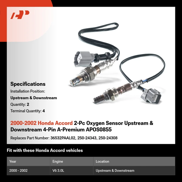 2000-2002 Honda Accord 2-Pc Oxygen Sensor Upstream & Downstream 4-Pin A-Premium APOS0855