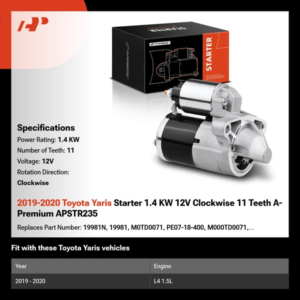 2019-2020 Toyota Yaris Starter 1.4 KW 12V Clockwise 11 Teeth A-Premium APSTR235