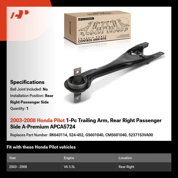 2003-2008 Honda Pilot 1-Pc Trailing Arm, Rear Right Passenger Side A-Premium APCA5724