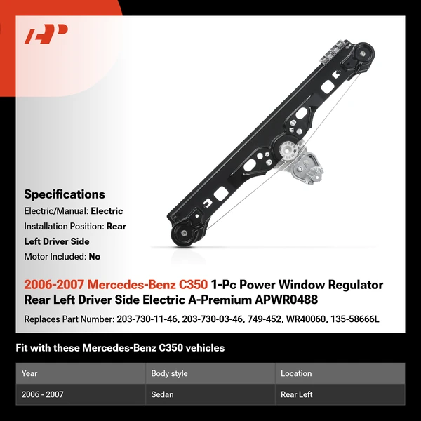 2006-2007 Mercedes-Benz C350 1-Pc Power Window Regulator Rear Left Driver Side Electric A-Premium APWR0488