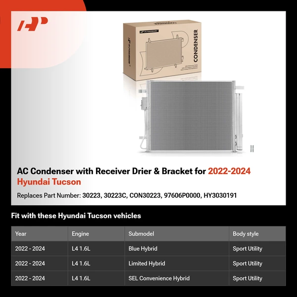 AC Condenser with Receiver Drier & Bracket for 2022-2024 Hyundai Tucson