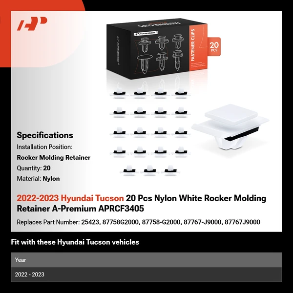 2022-2023 Hyundai Tucson 20 Pcs Nylon White Rocker Molding Retainer A-Premium APRCF3405