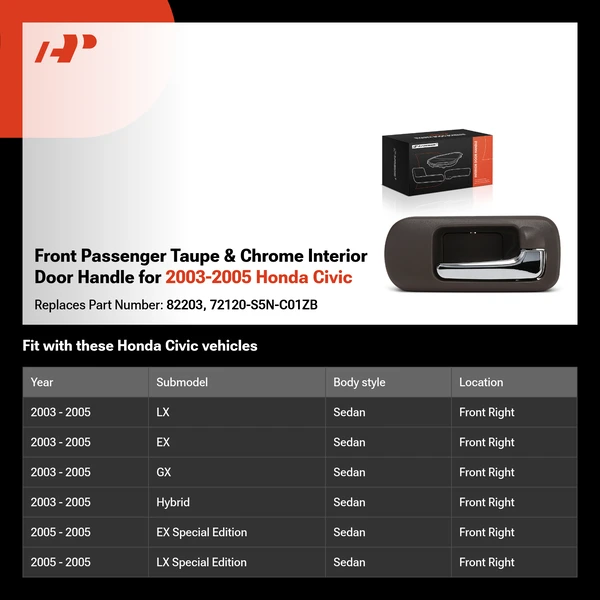 Front Passenger Taupe & Chrome Interior Door Handle for 2003-2005 Honda Civic