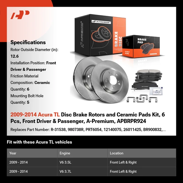 2009-2014 Acura TL Disc Brake Rotors and Ceramic Pads Kit, 6 Pcs, Front Driver & Passenger, A-Premium, APBRPR924