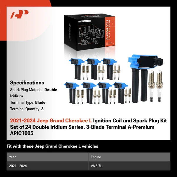 2021-2024 Jeep Grand Cherokee L Ignition Coil and Spark Plug Kit Set of 24 Double Iridium Series, 3-Blade Terminal A-Premium APIC1005
