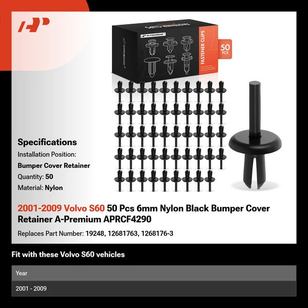 2001-2009 Volvo S60 50 Pcs 6mm Nylon Black Bumper Cover Retainer A-Premium APRCF4290