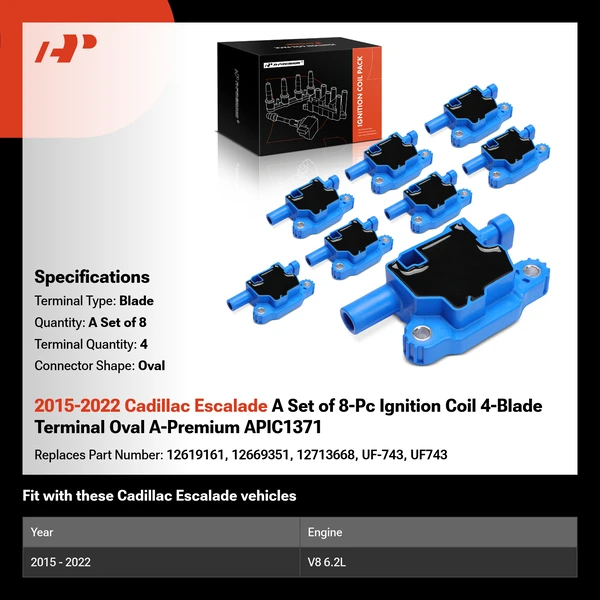2015-2022 Cadillac Escalade A Set of 8-Pc Ignition Coil 4-Blade Terminal Oval A-Premium APIC1371