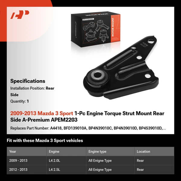 2009-2013 Mazda 3 Sport 1-Pc Engine Torque Strut Mount Rear Side A-Premium APEM2203