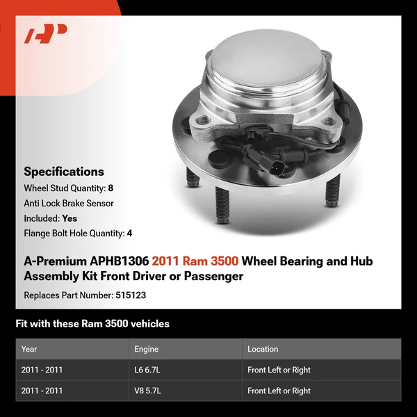 A-Premium APHB1306 2011 Ram 3500 Wheel Bearing and Hub Assembly Kit Front Driver or Passenger