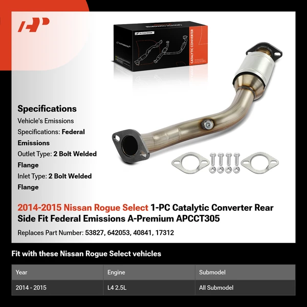 2014-2015 Nissan Rogue Select 1-PC Catalytic Converter Rear Side Fit Federal Emissions A-Premium APCCT305