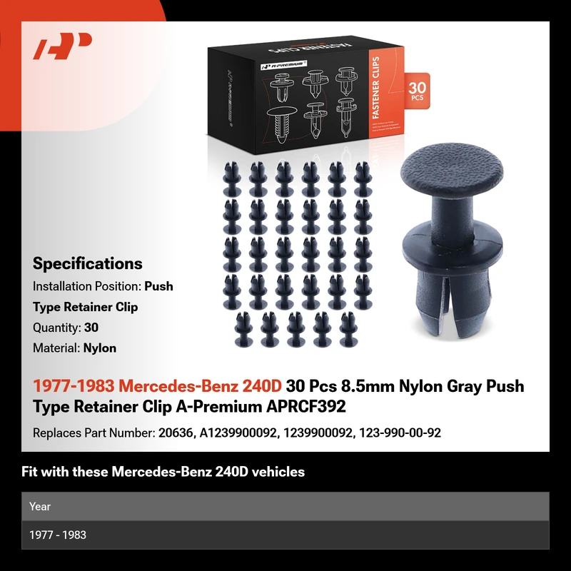 1977-1983 Mercedes-Benz 240D 30 Pcs 8.5mm Nylon Gray Push Type Retainer Clip A-Premium APRCF392
