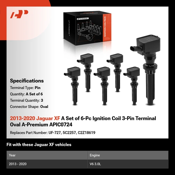 2013-2020 Jaguar XF A Set of 6-Pc Ignition Coil 3-Pin Terminal Oval A-Premium APIC0724