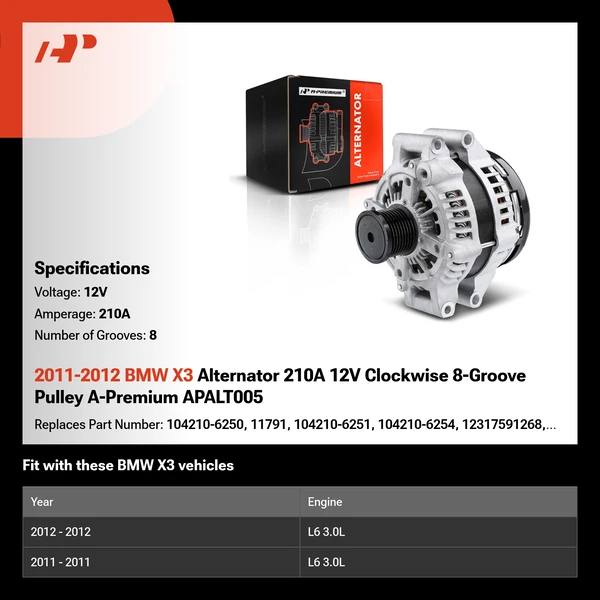 2011-2012 BMW X3 Alternator 210A 12V Clockwise 8-Groove Pulley A-Premium APALT005