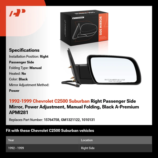 1992-1999 Chevrolet C2500 Suburban Right Passenger Side Mirror, Power Adjustment, Manual Folding, Black A-Premium APMI281