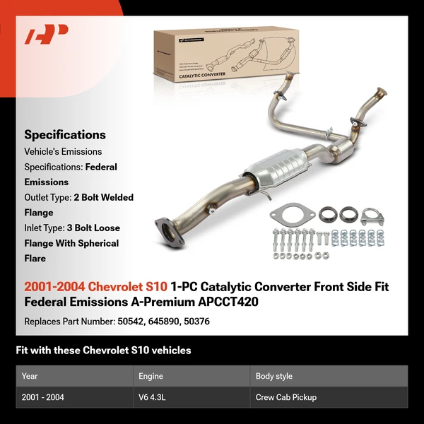 2001-2004 Chevrolet S10 1-PC Catalytic Converter Front Side Fit Federal Emissions A-Premium APCCT420