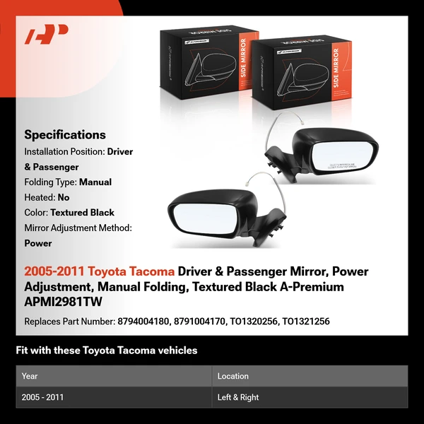 2005-2011 Toyota Tacoma Driver & Passenger Mirror, Power Adjustment, Manual Folding, Textured Black A-Premium APMI2981TW