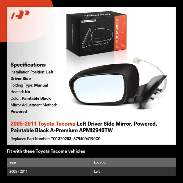 2005-2011 Toyota Tacoma Left Driver Side Mirror, Powered, Paintable Black A-Premium APMI2940TW