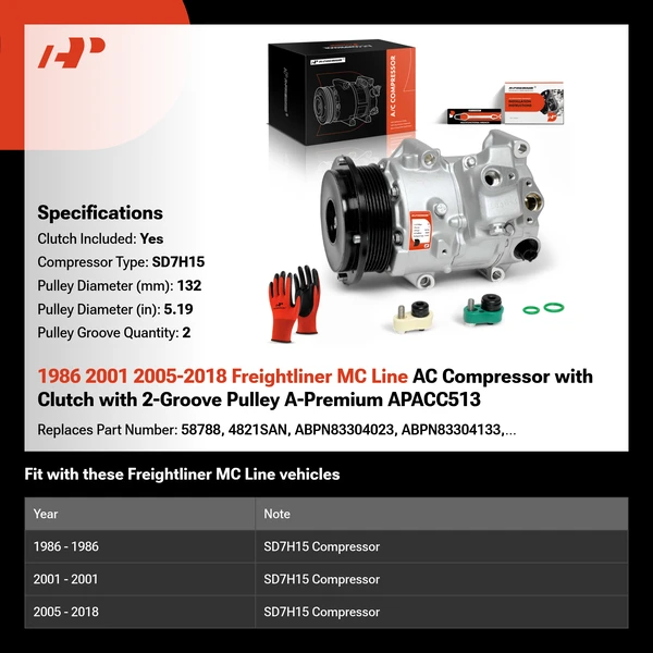 1986 2001 2005-2018 Freightliner MC Line AC Compressor with Clutch with 2-Groove Pulley A-Premium APACC513