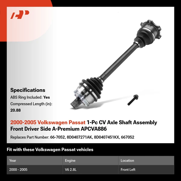 2000-2005 Volkswagen Passat 1-Pc CV Axle Shaft Assembly Front Driver Side A-Premium APCVA886