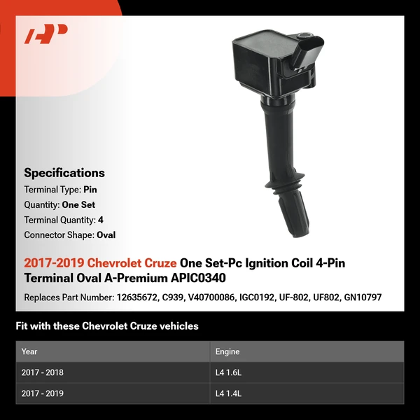 2017-2019 Chevrolet Cruze One Set-Pc Ignition Coil 4-Pin Terminal Oval A-Premium APIC0340