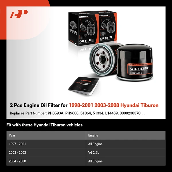 2 Pcs Engine Oil Filter for 1998-2001 2003-2008 Hyundai Tiburon