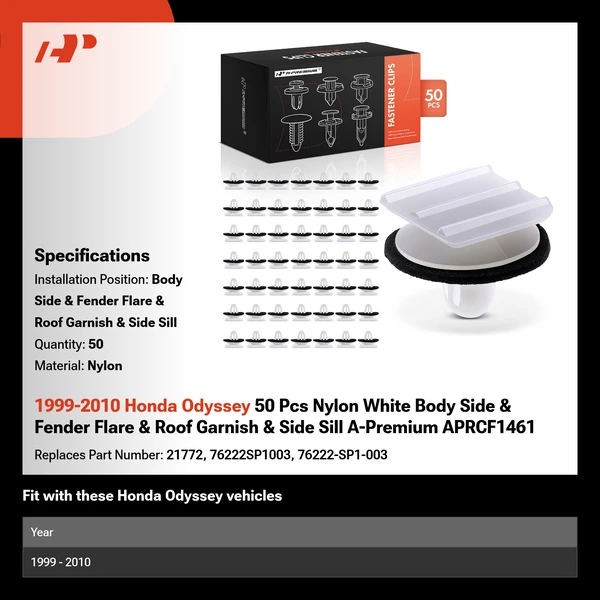 1999-2010 Honda Odyssey 50 Pcs Nylon White Body Side & Fender Flare & Roof Garnish & Side Sill A-Premium APRCF1461