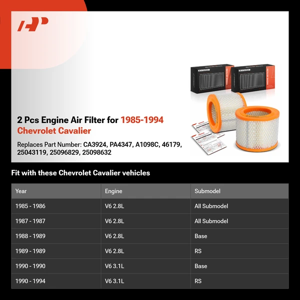 2 Pcs Engine Air Filter for 1985-1994 Chevrolet Cavalier