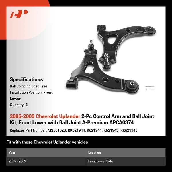 2005-2009 Chevrolet Uplander 2-Pc Control Arm and Ball Joint Kit, Front Lower with Ball Joint A-Premium APCA0374