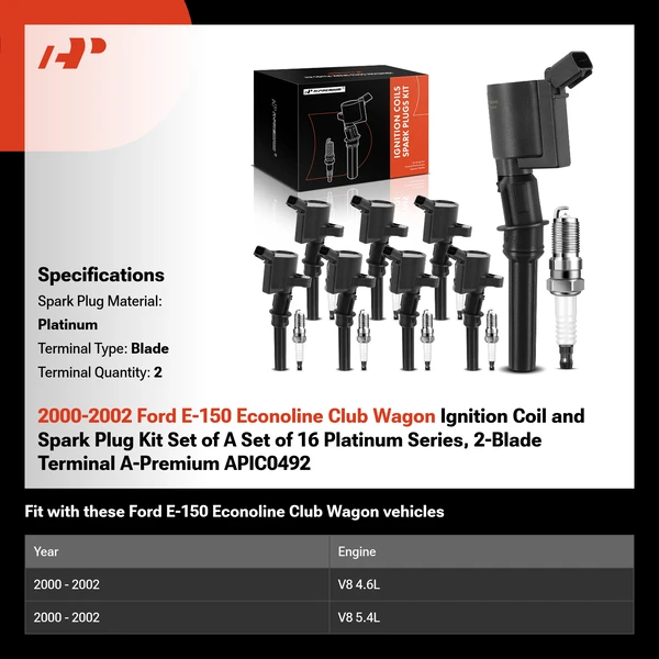 2000-2002 Ford E-150 Econoline Club Wagon Ignition Coil and Spark Plug Kit Set of A Set of 16 Platinum Series, 2-Blade Terminal A-Premium APIC0492