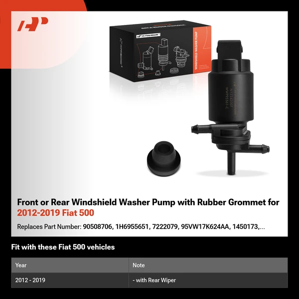 Front or Rear Windshield Washer Pump with Rubber Grommet for 2012-2019 Fiat 500