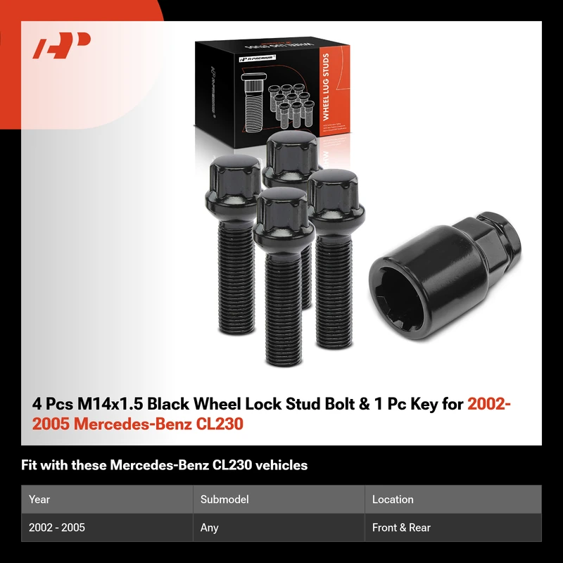 4 Pcs M14x1.5 Black Wheel Lock Stud Bolt & 1 Pc Key for 2002-2005 Mercedes-Benz CL230