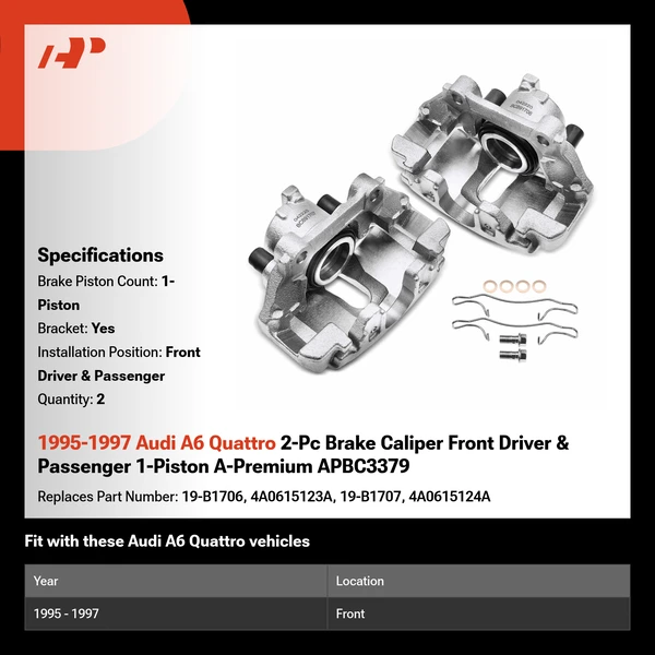 1995-1997 Audi A6 Quattro 2-Pc Brake Caliper Front Driver & Passenger 1-Piston A-Premium APBC3379