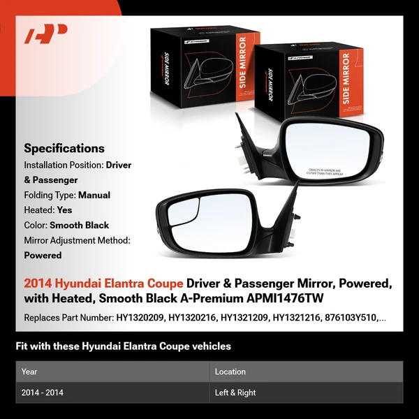2014 Hyundai Elantra Coupe Driver & Passenger Mirror, Powered, with Heated, Smooth Black A-Premium APMI1476TW