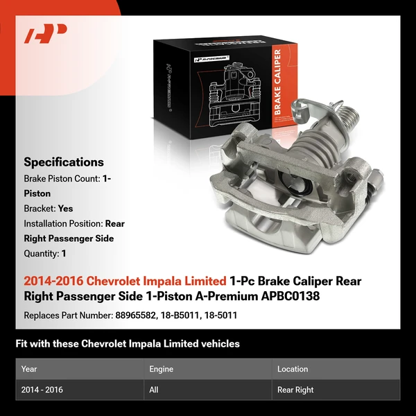 2014-2016 Chevrolet Impala Limited 1-Pc Brake Caliper Rear Right Passenger Side 1-Piston A-Premium APBC0138