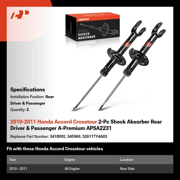 2010-2011 Honda Accord Crosstour 2-Pc Shock Absorber Rear Driver & Passenger A-Premium APSA2231