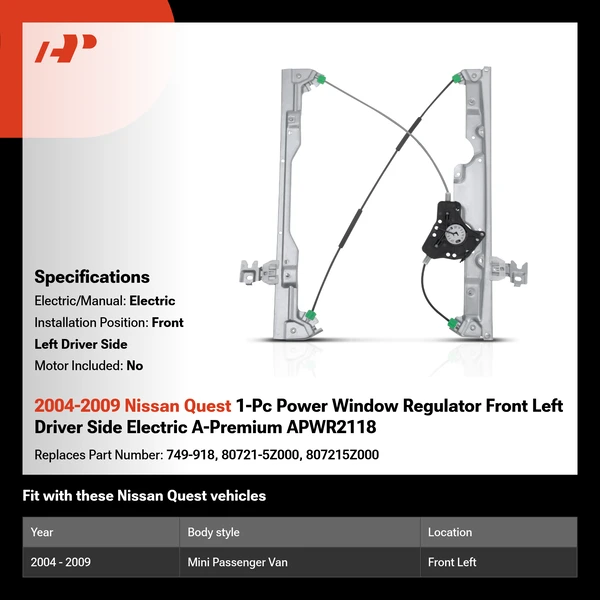 2004-2009 Nissan Quest 1-Pc Power Window Regulator Front Left Driver Side Electric A-Premium APWR2118