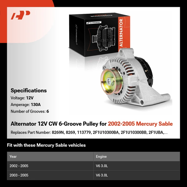 Alternator 12V CW 6-Groove Pulley for 2002-2005 Mercury Sable
