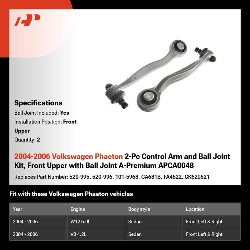 2004-2006 Volkswagen Phaeton 2-Pc Control Arm and Ball Joint Kit, Front Upper with Ball Joint A-Premium APCA0048