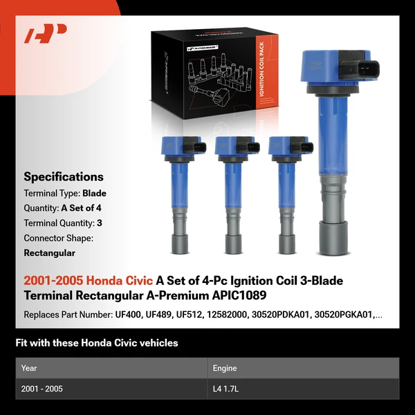 2001-2005 Honda Civic A Set of 4-Pc Ignition Coil 3-Blade Terminal Rectangular A-Premium APIC1089