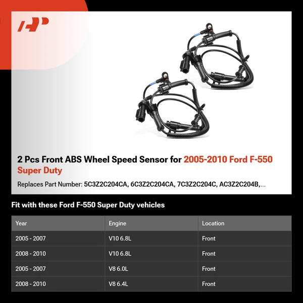 2 Pcs Front ABS Wheel Speed Sensor for 2005-2010 Ford F-550 Super Duty