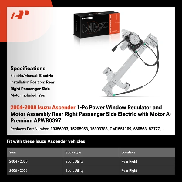 2004-2008 Isuzu Ascender 1-Pc Power Window Regulator and Motor Assembly Rear Right Passenger Side Electric with Motor A-Premium APWR0397