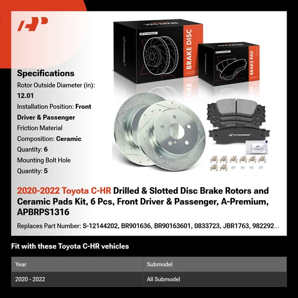 2020-2022 Toyota C-HR Drilled & Slotted Disc Brake Rotors and Ceramic Pads Kit, 6 Pcs, Front Driver & Passenger, A-Premium, APBRPS1316