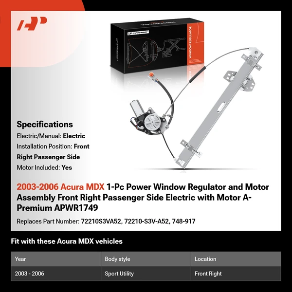 2003-2006 Acura MDX 1-Pc Power Window Regulator and Motor Assembly Front Right Passenger Side Electric with Motor A-Premium APWR1749
