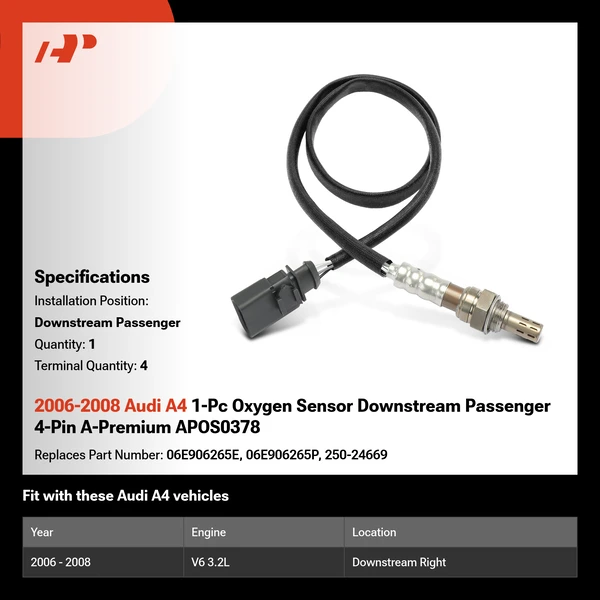2006-2008 Audi A4 1-Pc Oxygen Sensor Downstream Passenger 4-Pin A-Premium APOS0378