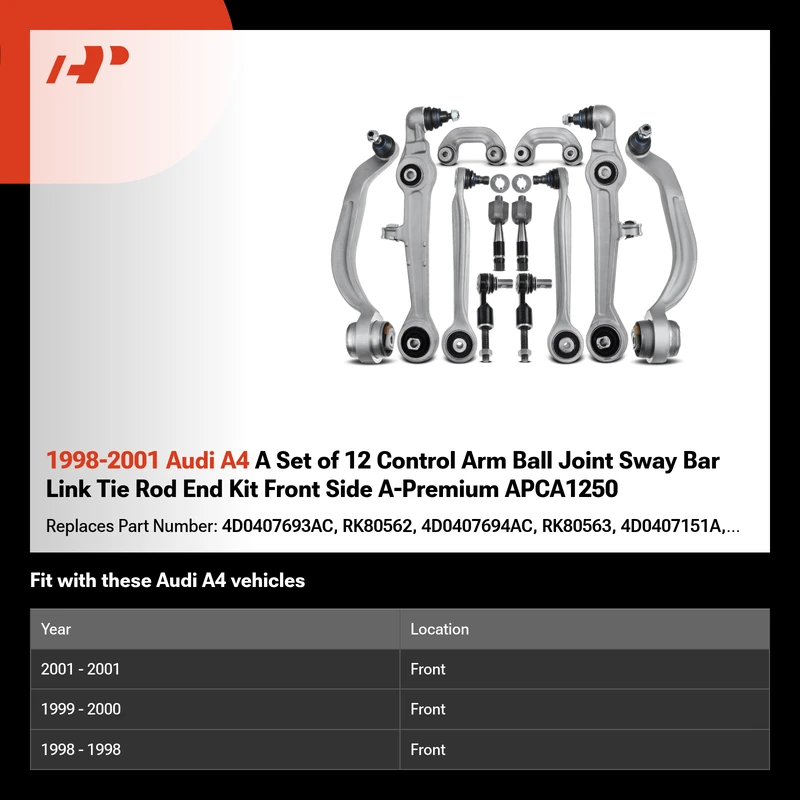 1998-2001 Audi A4 A Set of 12 Control Arm Ball Joint Sway Bar Link Tie Rod End Kit Front Side A-Premium APCA1250