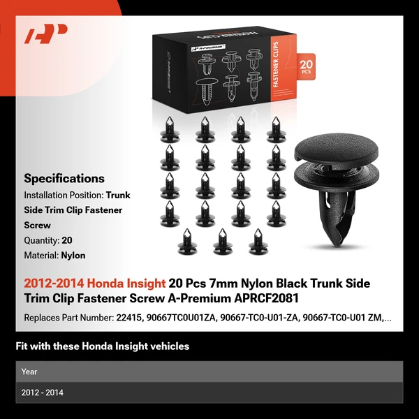 2012-2014 Honda Insight 20 Pcs 7mm Nylon Black Trunk Side Trim Clip Fastener Screw A-Premium APRCF2081