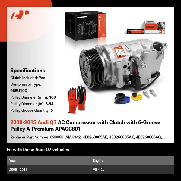 2008-2015 Audi Q7 AC Compressor with Clutch with 6-Groove Pulley A-Premium APACC801