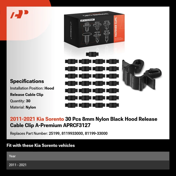 2011-2021 Kia Sorento 30 Pcs 8mm Nylon Black Hood Release Cable Clip A-Premium APRCF3127