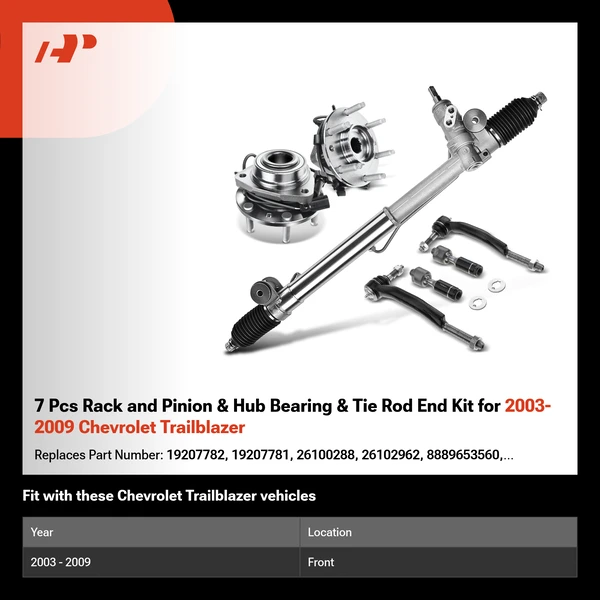 7 Pcs Rack and Pinion & Hub Bearing & Tie Rod End Kit for 2003-2009 Chevrolet Trailblazer