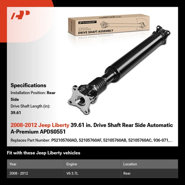 2008-2012 Jeep Liberty 39.61 in. Drive Shaft Rear Side Automatic A-Premium APDS0551